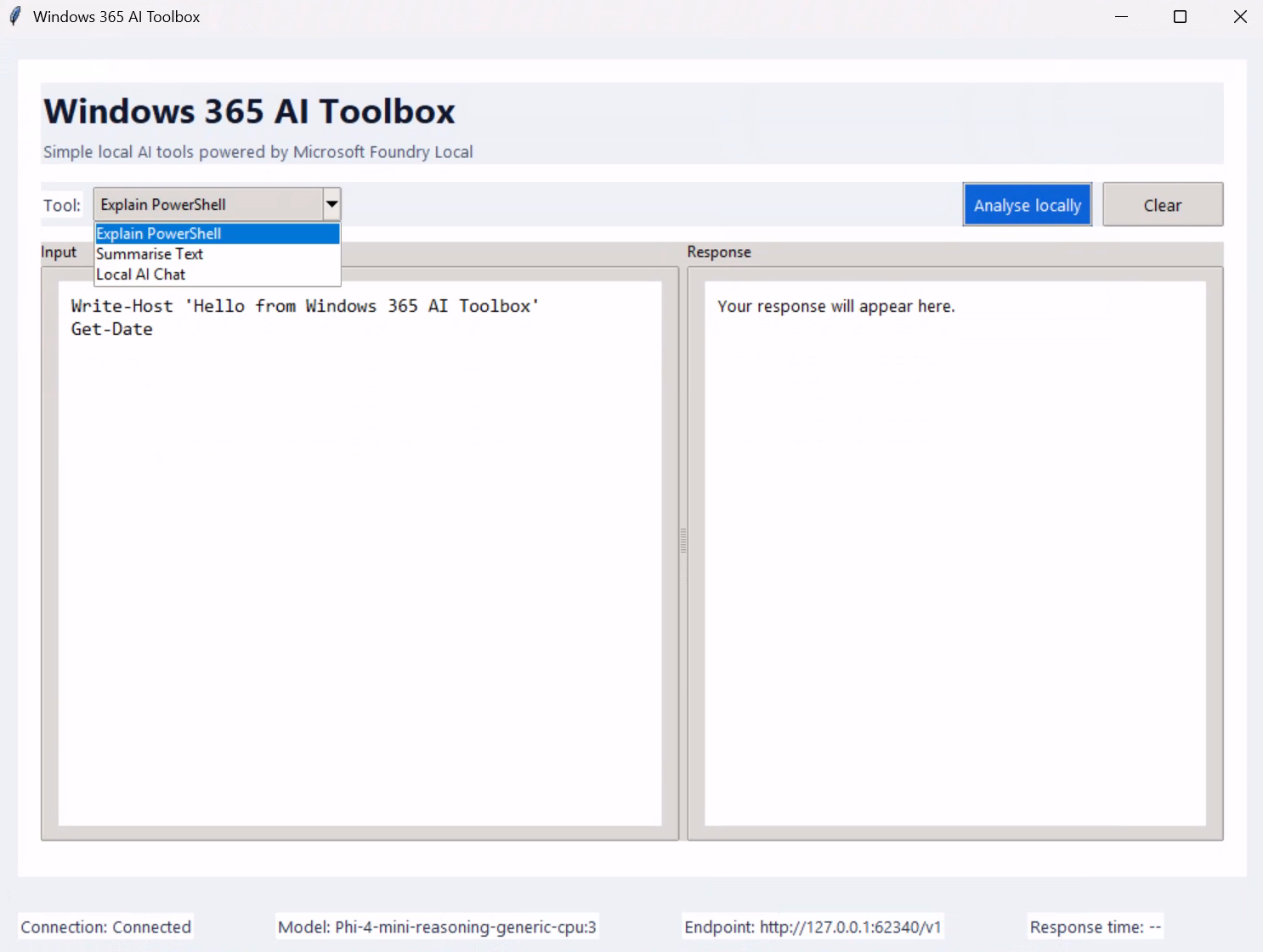 The first working version of Windows 365 AI Toolbox, connected to the locally hosted model.