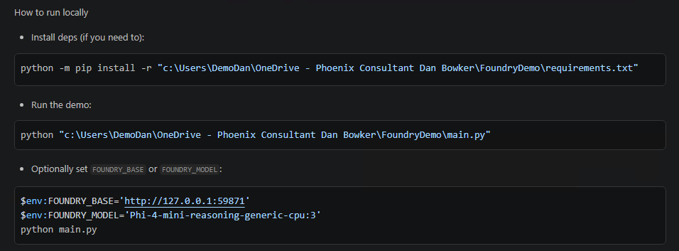 The generated application connecting to Foundry Local through its local API.