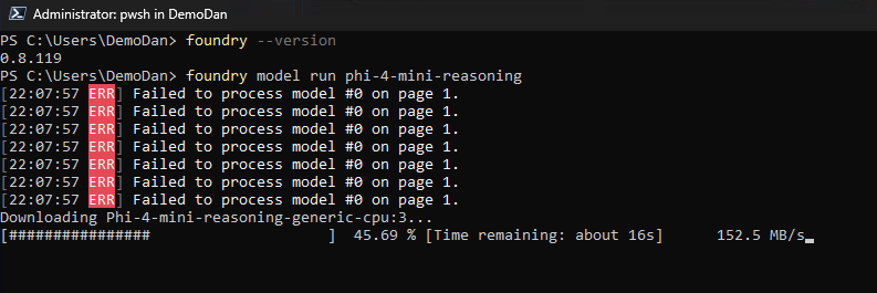 Foundry Local selecting and downloading the CPU-optimised Phi-4 Mini Reasoning model.