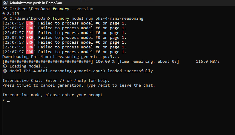 Phi-4 Mini Reasoning loaded and ready for local inference.