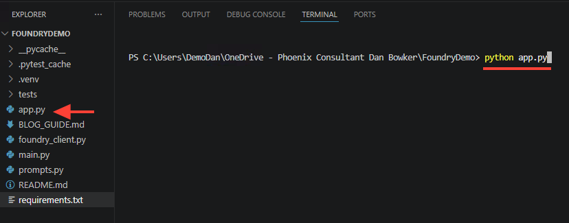 Launching Windows 365 AI Toolbox from the Visual Studio Code terminal.