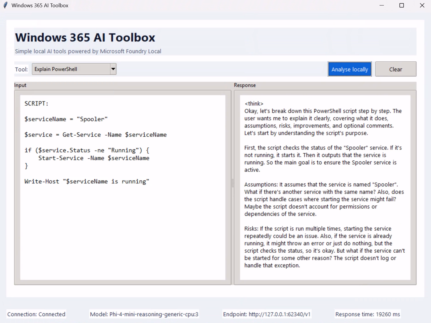 Testing the PowerShell assistant against the locally running Phi-4 Mini Reasoning model.