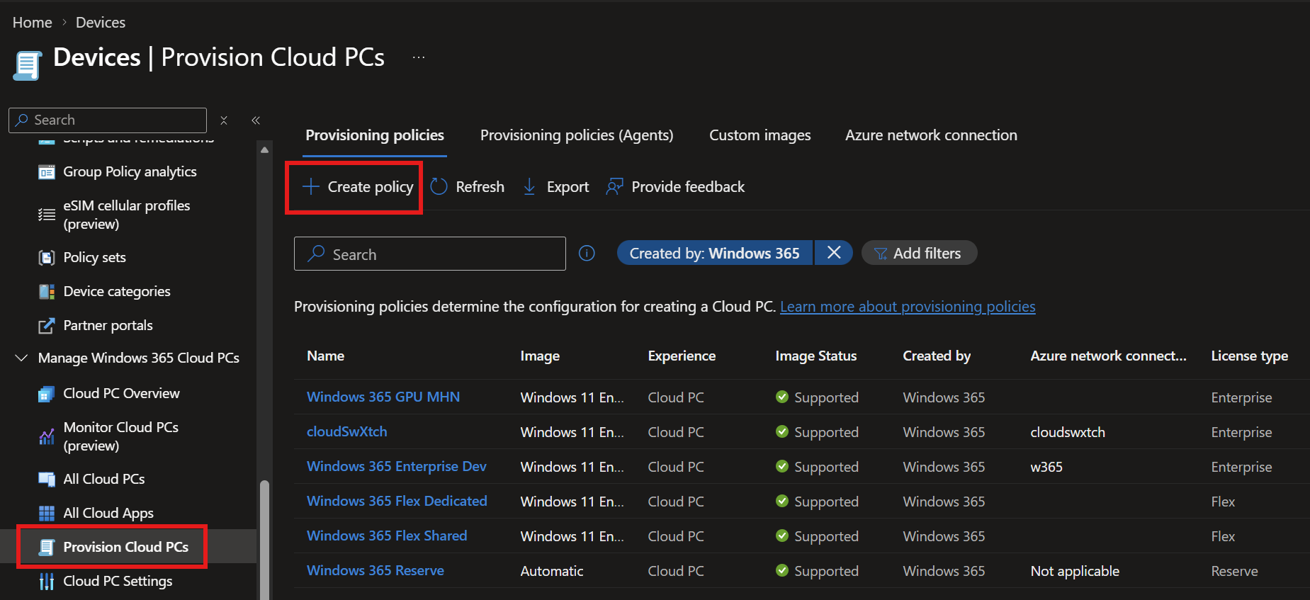 The Windows 365 provisioning policies page in Intune, with Create policy selected.