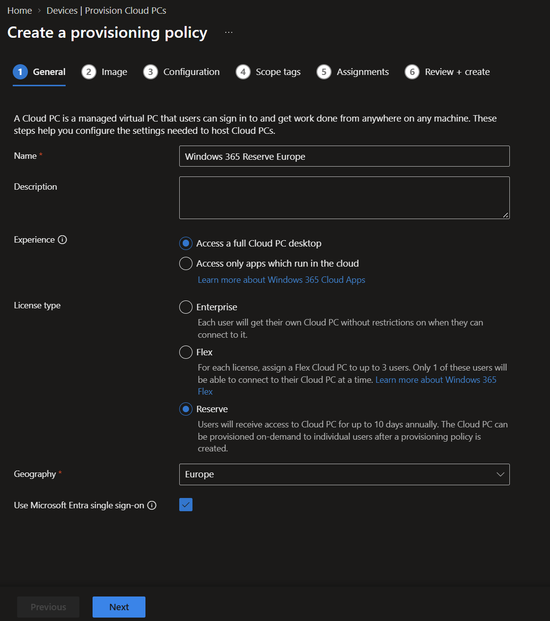 General settings for the Windows 365 Reserve Europe provisioning policy.
