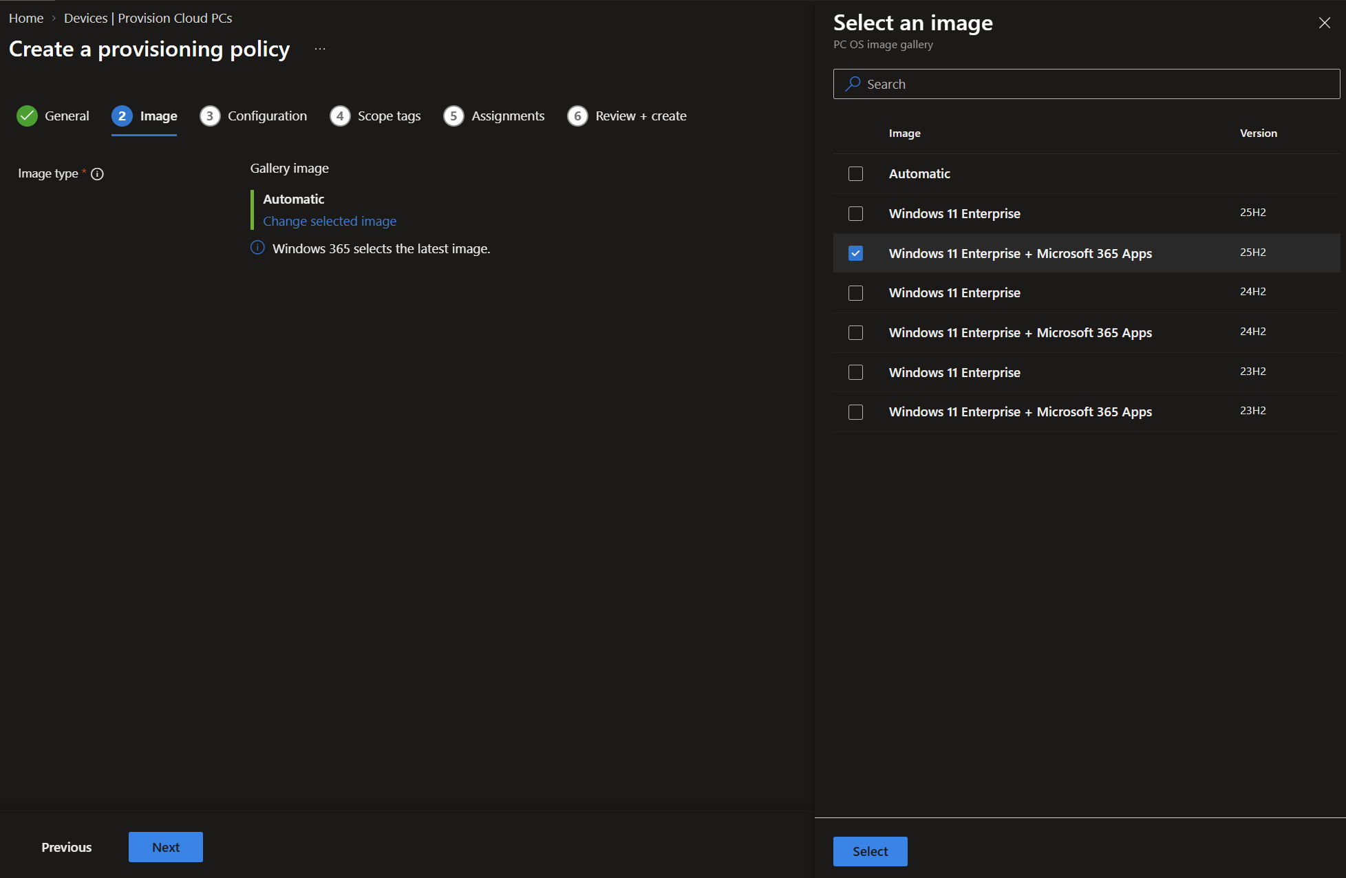 Windows 11 Enterprise with Microsoft 365 Apps selected from the gallery images.