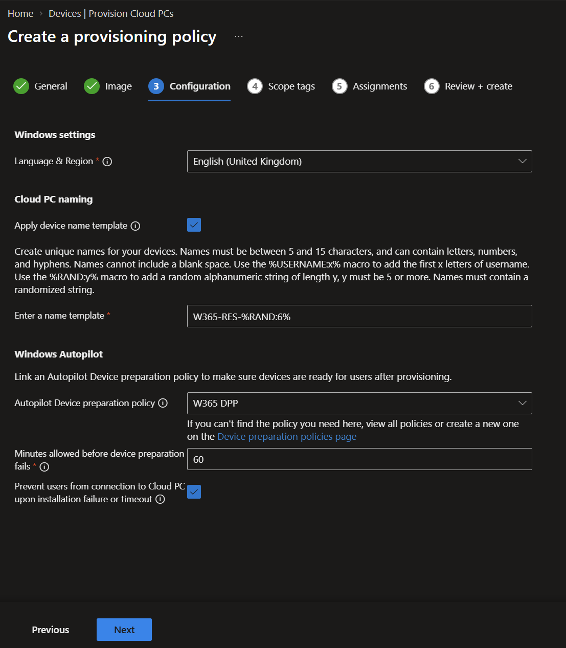 Configuration options for language, device naming and Autopilot Device Preparation.