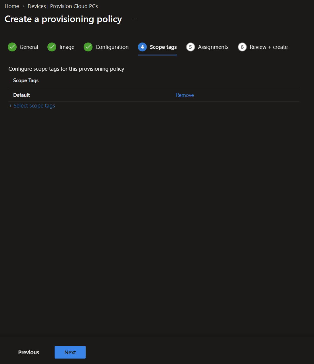 The optional scope tags step, left at its default selection.