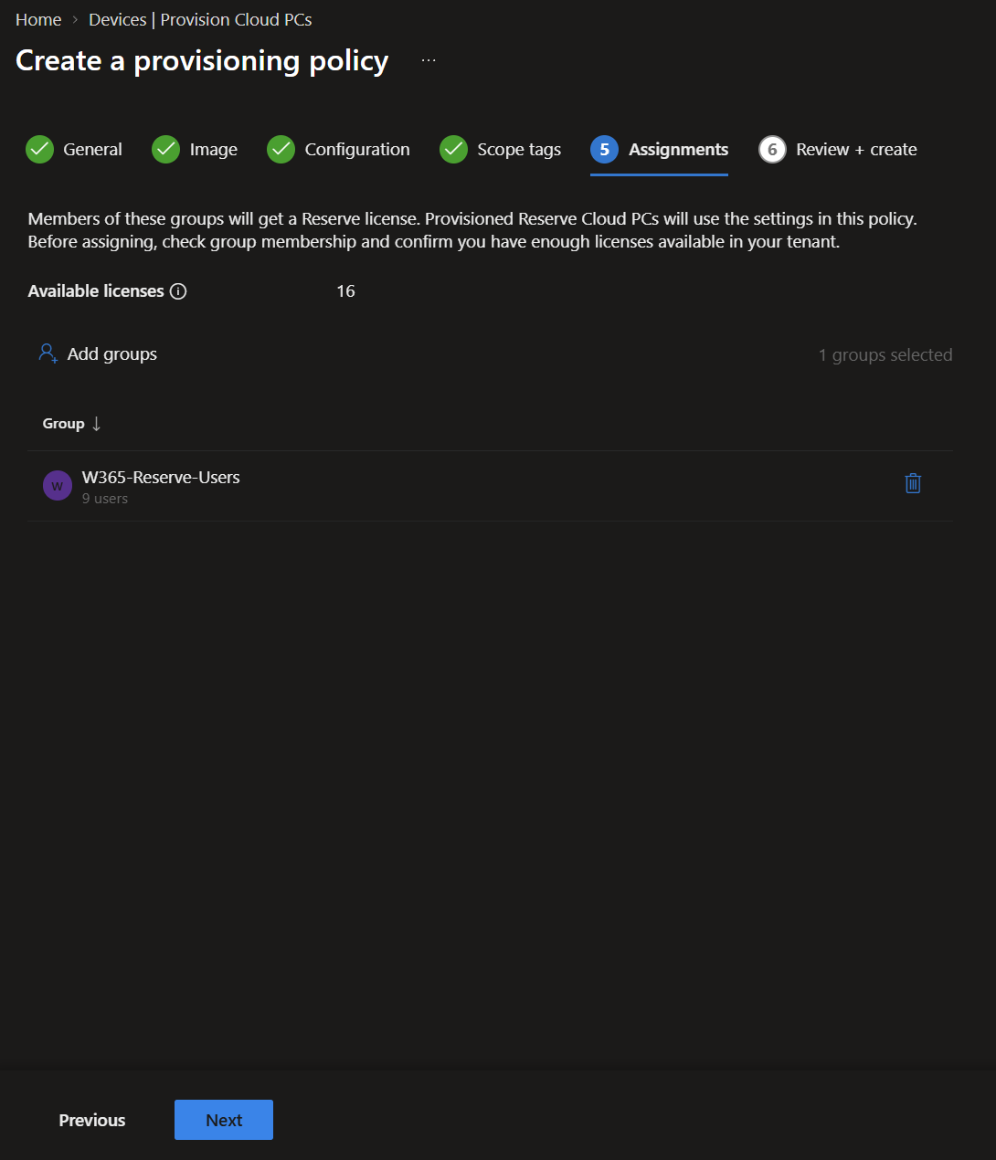 The W365-Reserve-Users group assigned to the provisioning policy.