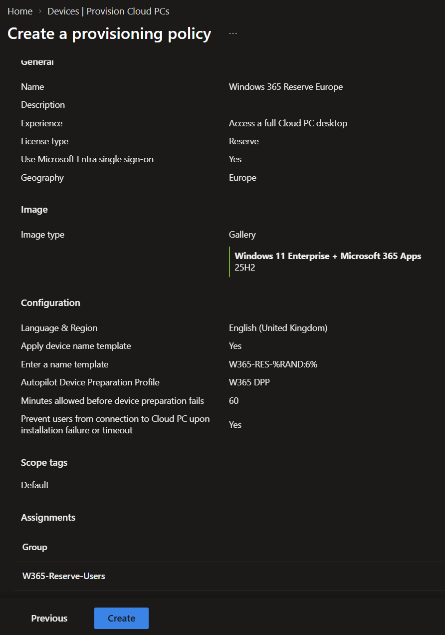 Review page showing the Reserve policy settings before creation.