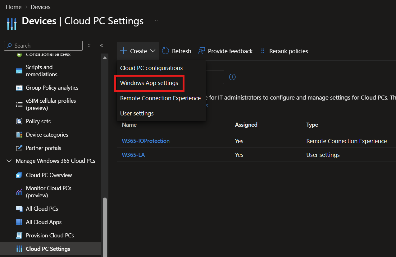 Creating a Windows App settings policy under Windows 365 Cloud PC settings.