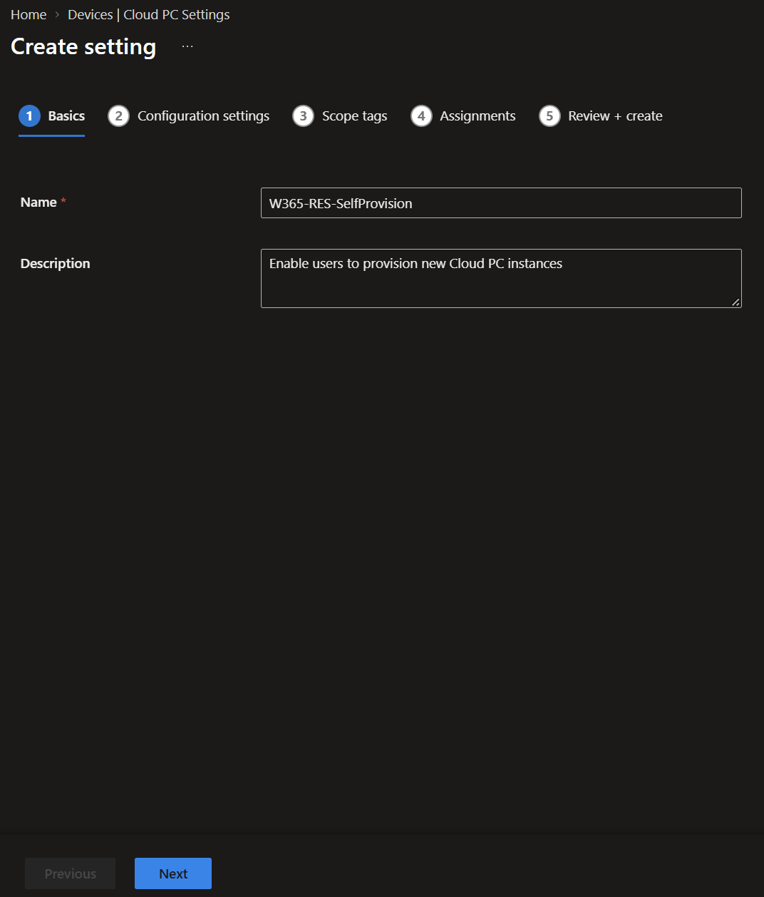 The Basics step for a Windows App settings policy named W365-RES-SelfProvision.
