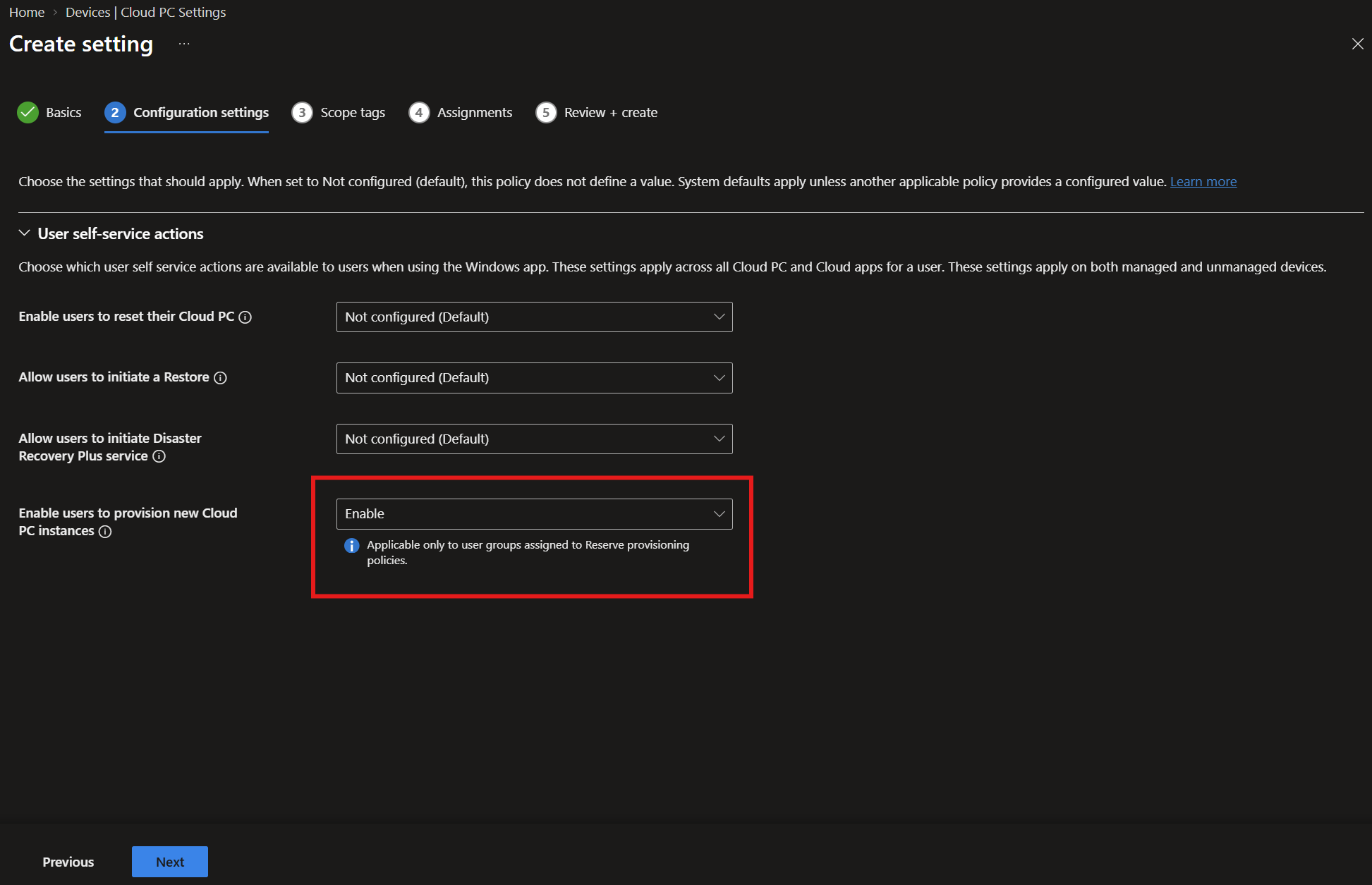 The option to enable users to provision new Cloud PC instances is set to Enable.