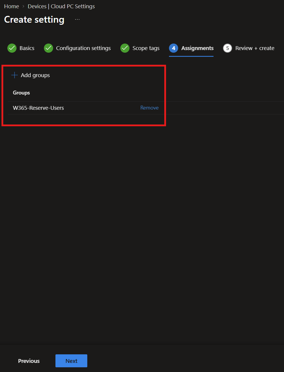 The Windows App settings policy assigned to W365-Reserve-Users.