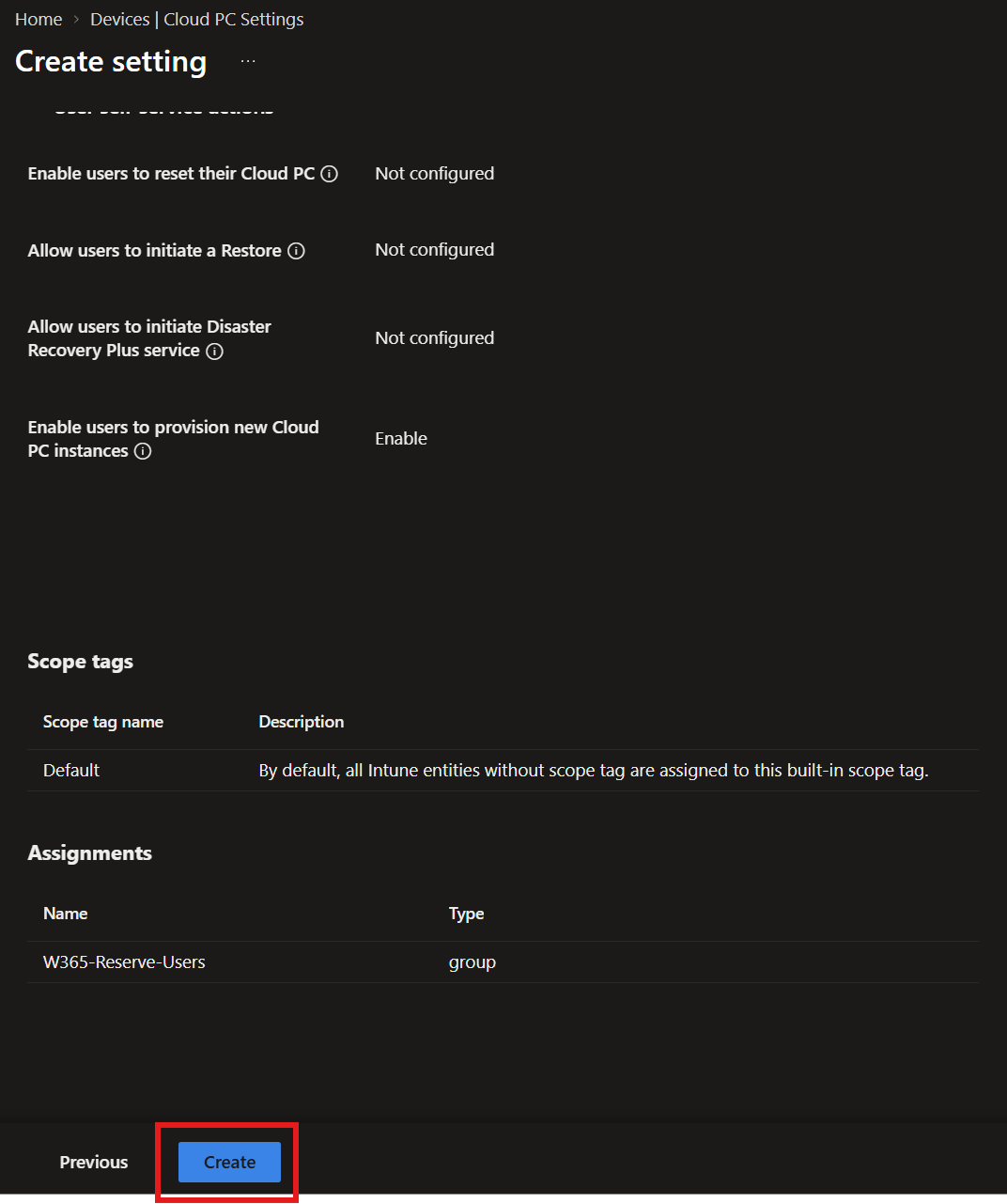 Review and create page for the Windows App settings policy.