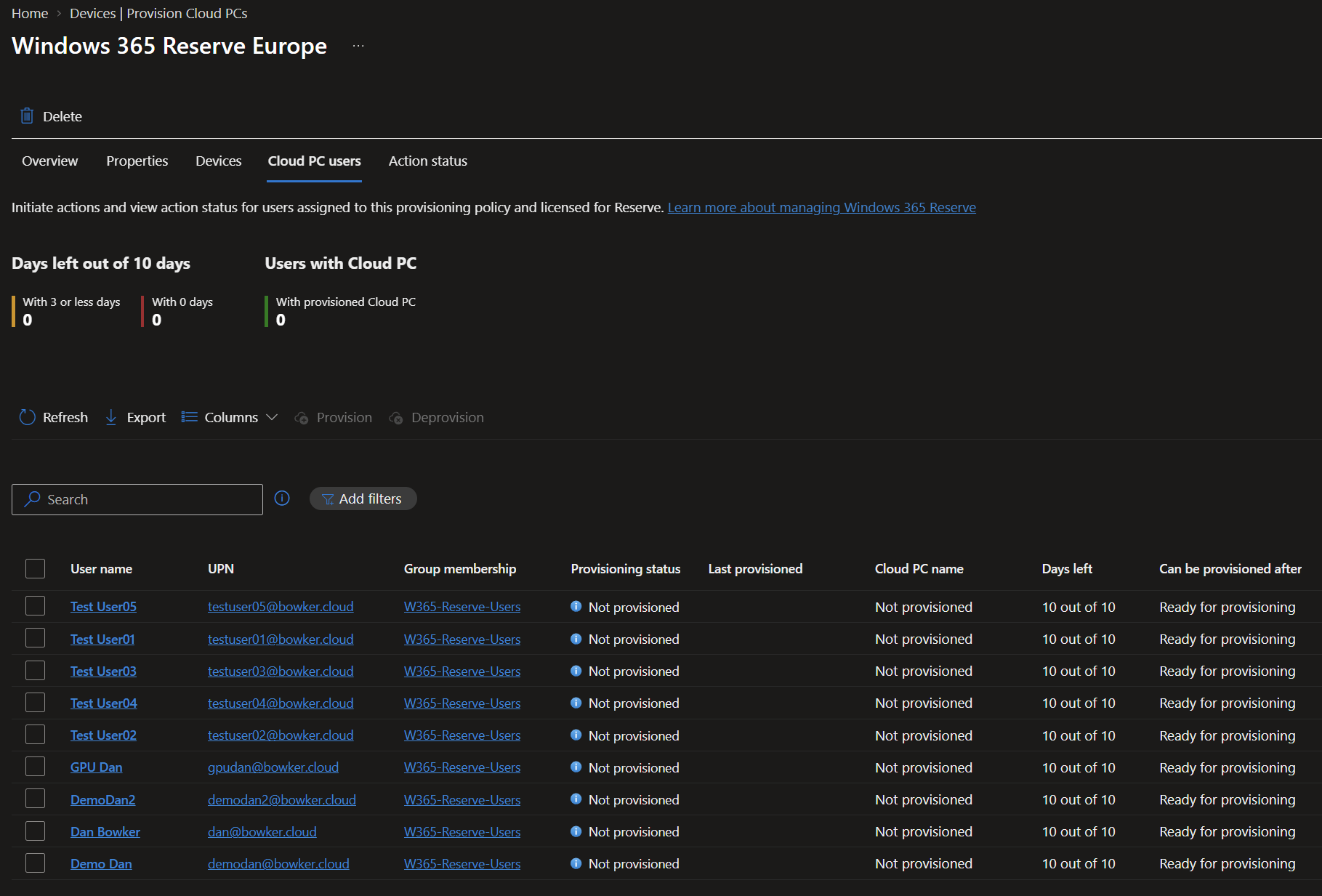 Cloud PC Users in the Reserve policy showing Ready for provisioning and 10 of 10 days left.