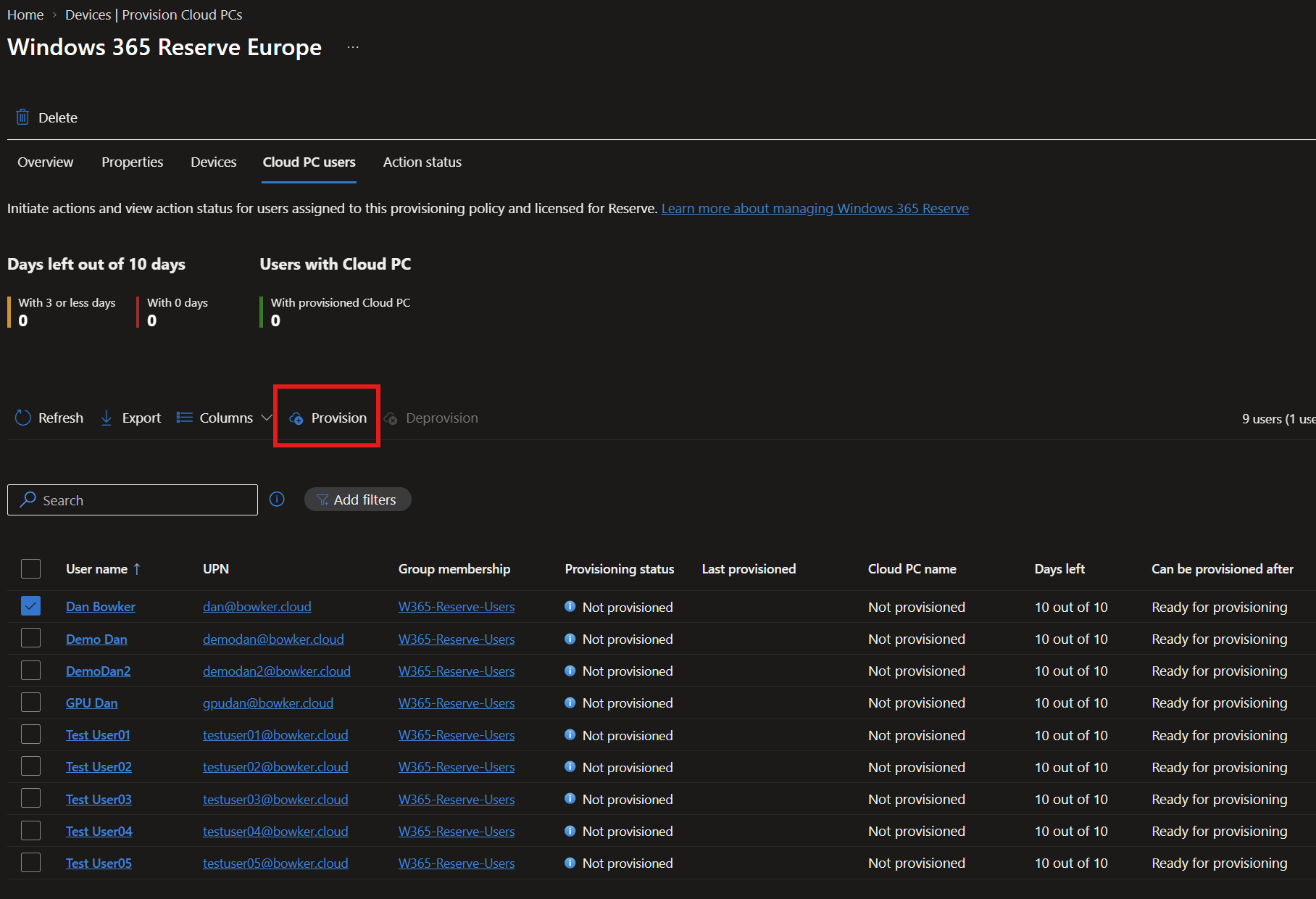 A selected user in Intune with the administrator Provision action available.