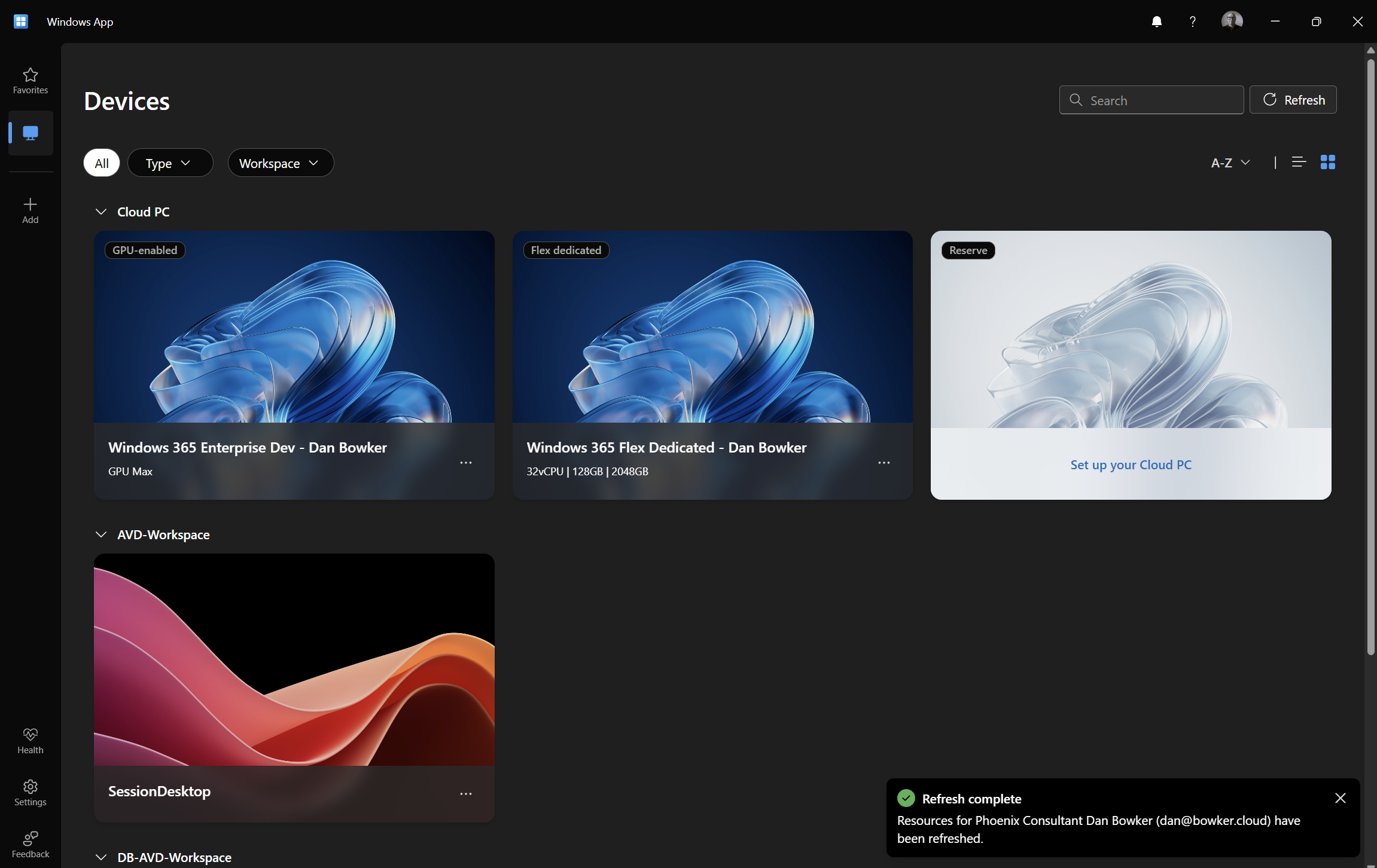 Windows App showing the Set up your Cloud PC Reserve card after refresh.