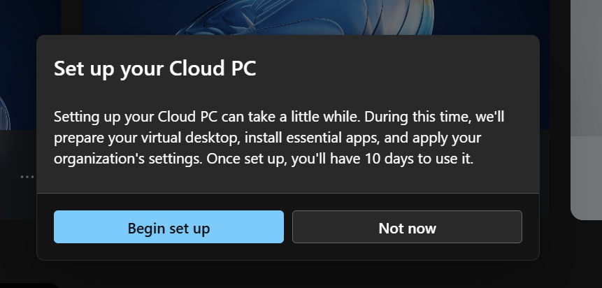 The Windows App setup confirmation showing the Reserve allowance and Begin set up button.