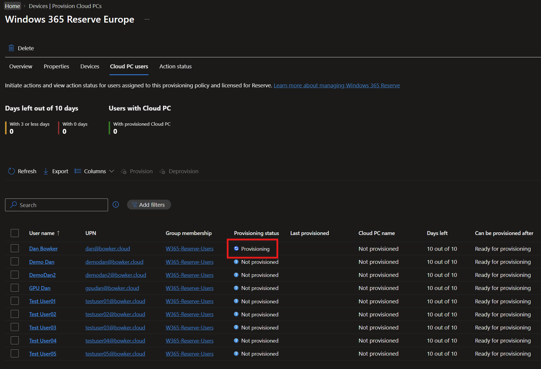 The user's Reserve Cloud PC status shown as Provisioning in Intune.