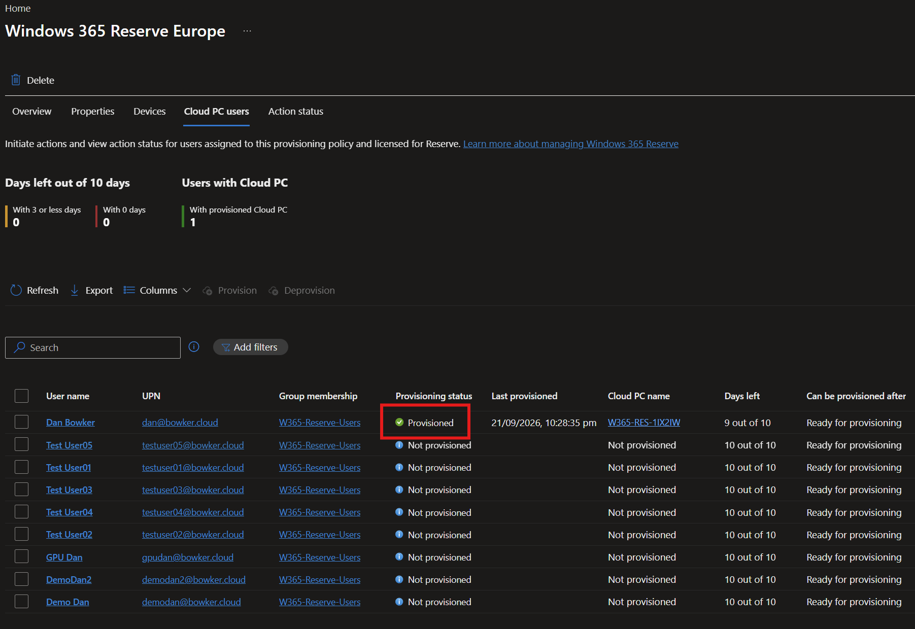 The completed Reserve Cloud PC in Intune, showing Provisioned and 9 of 10 days left.