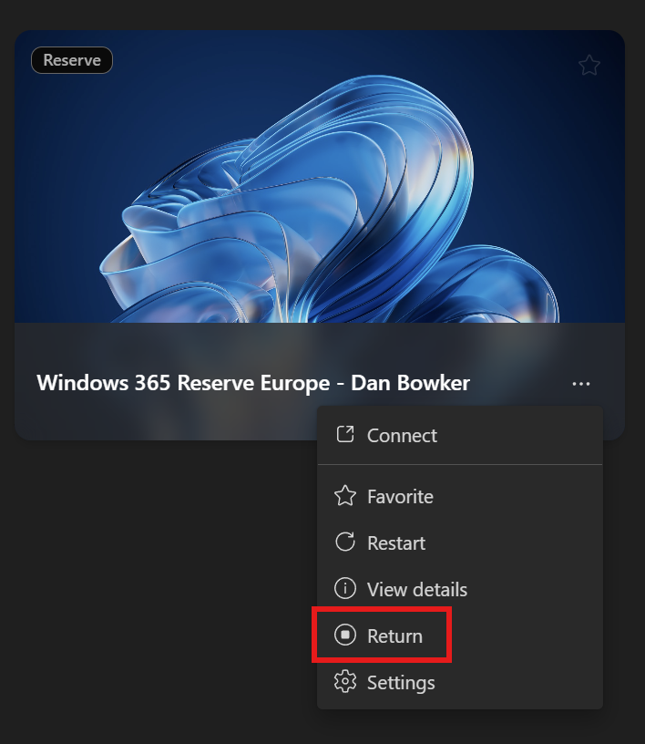 The Return action in the menu for a Reserve Cloud PC in Windows App.