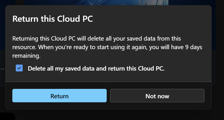 The Return this Cloud PC warning explaining that data will be deleted.