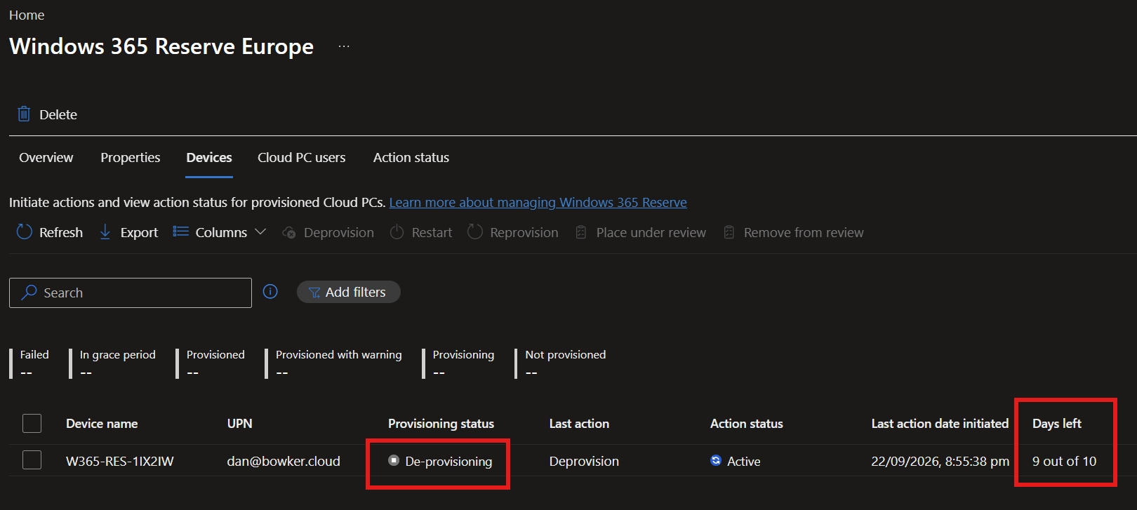 The Reserve Cloud PC shown as De-provisioning in Intune with nine days left.