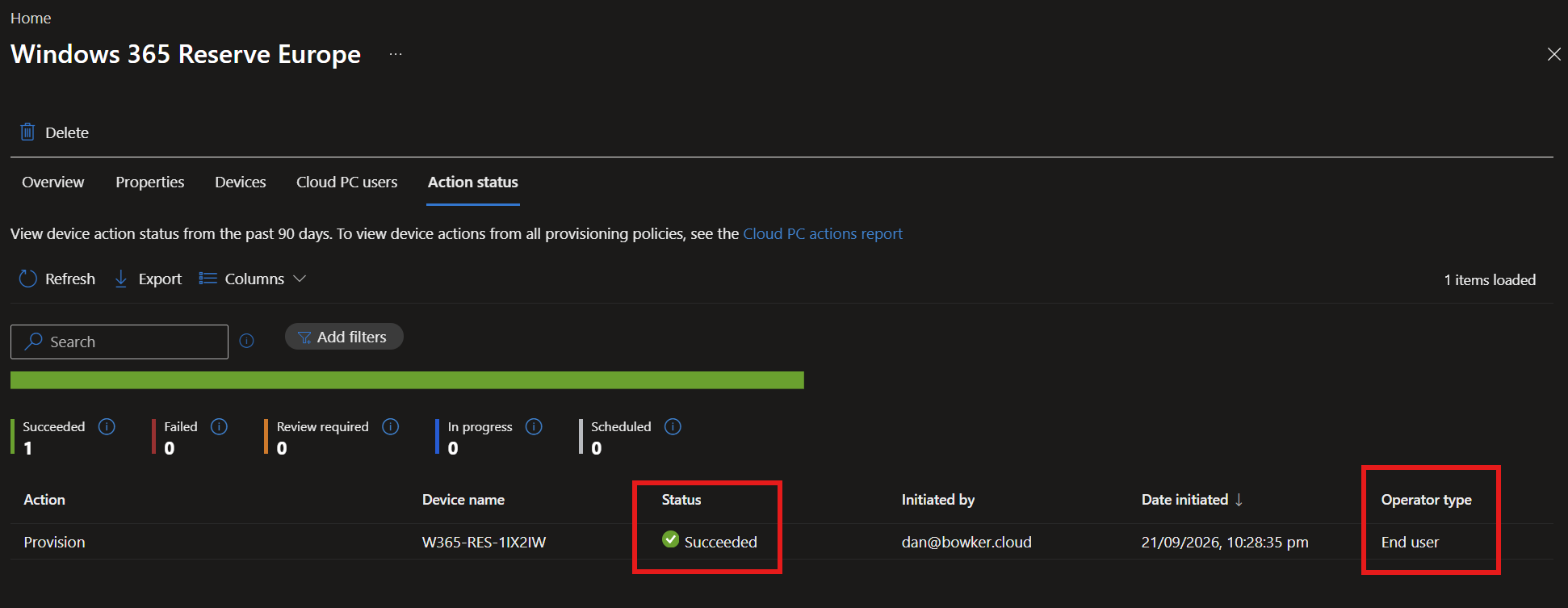 Successful Reserve Provision action in Intune with End user as the operator type.